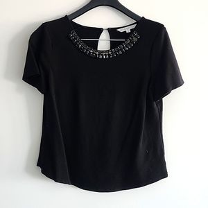 CLEO Sz Small Black S/Sleeve Top With Jewel Embellished Neckline